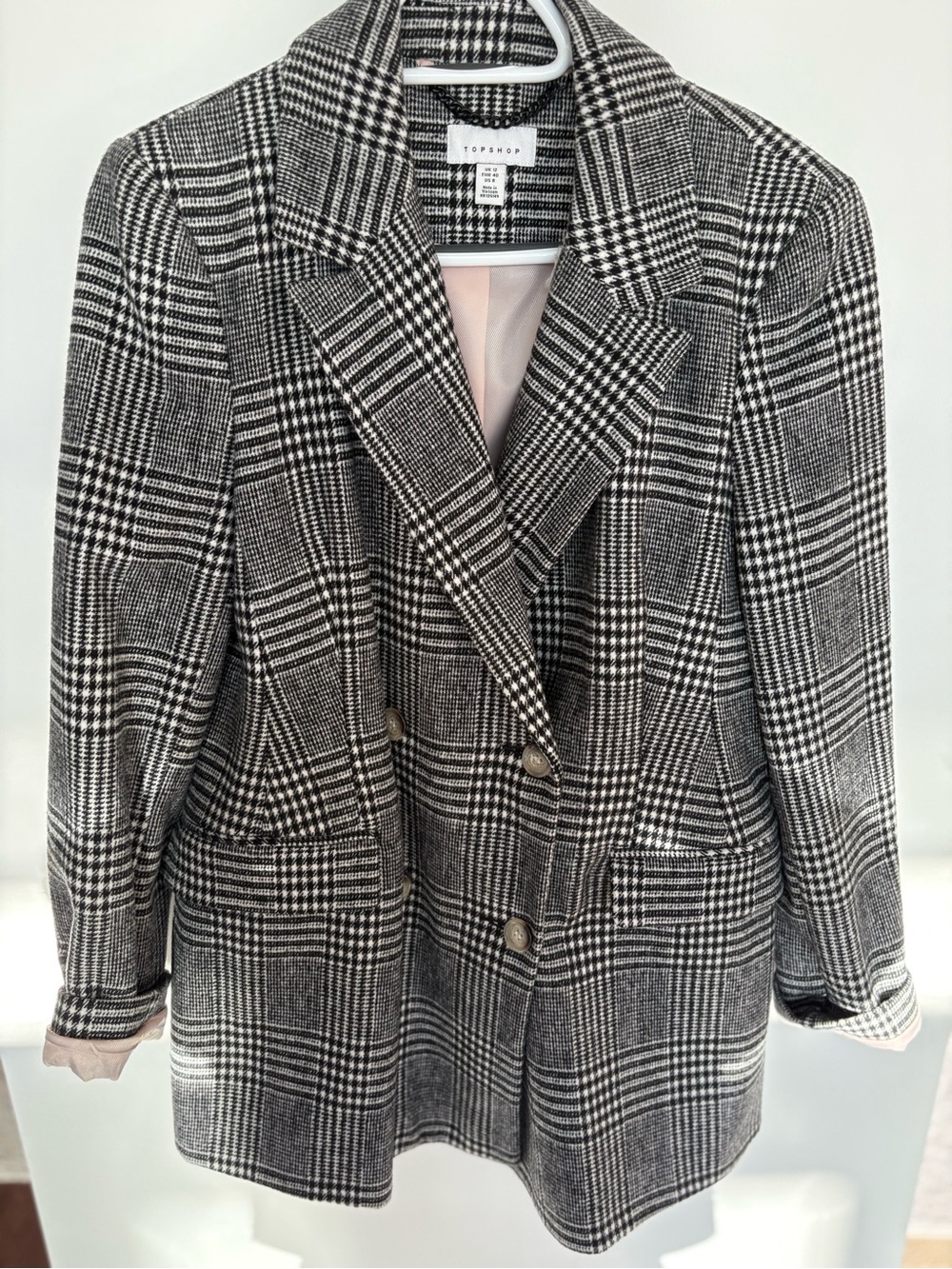 Topshop Black & White Plaid Tailored Double-Breasted Blazer